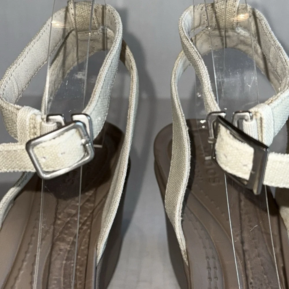 Crocs Leigh II Cream Canvas Strap Wedge Heels
